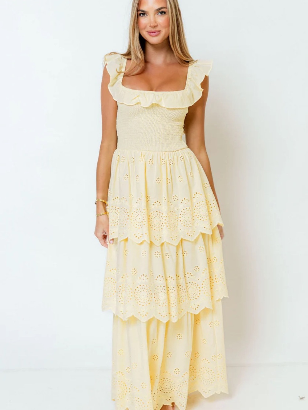 Tiered Eyelet Maxi Dress in Pale Yellow